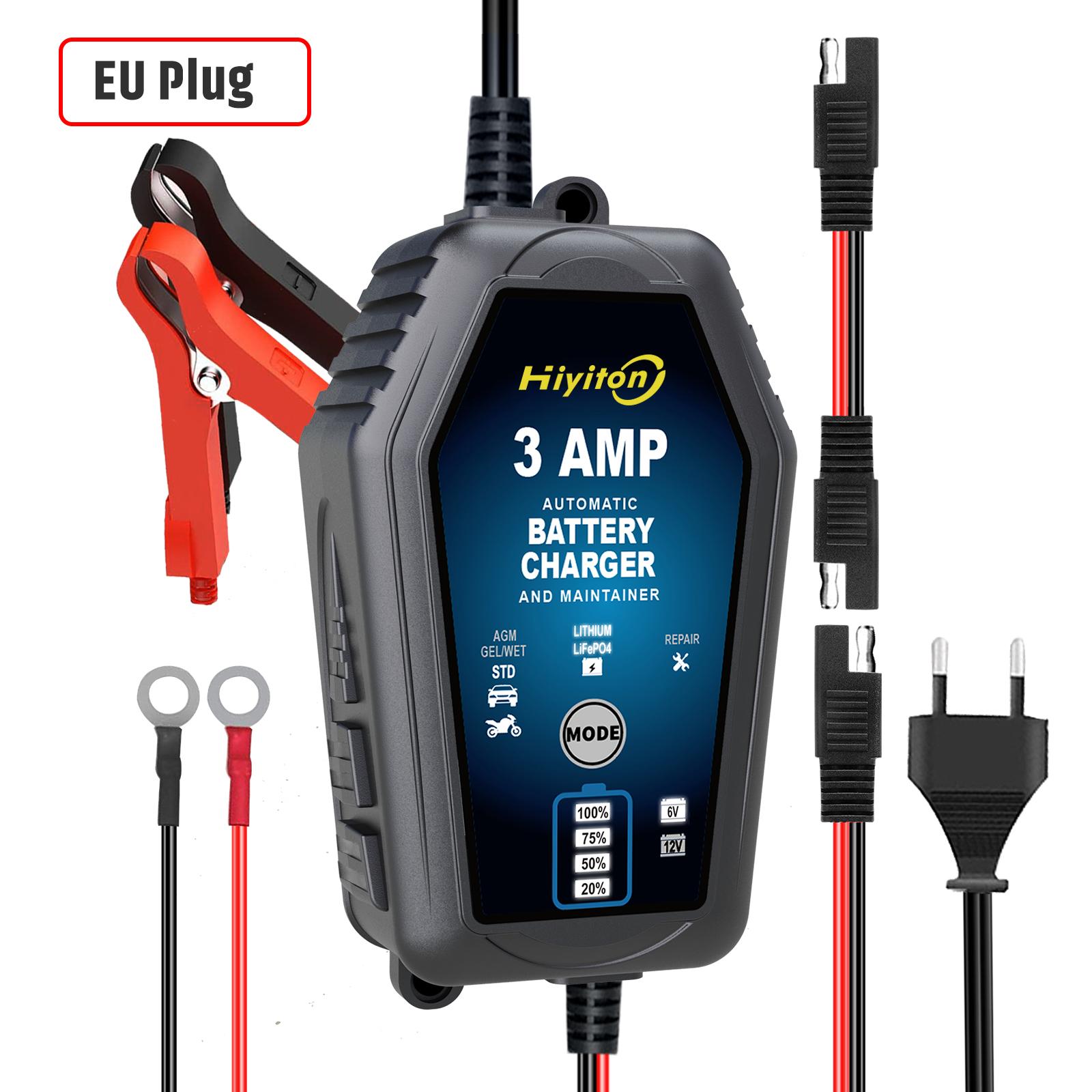 Hiyiton 6V 12V 3000mA Car Smart Battery Charger for Lithium LiFePO4 Lead-Acid Battery Pluse Repair Charge Maintainer EU Stock EU Plug