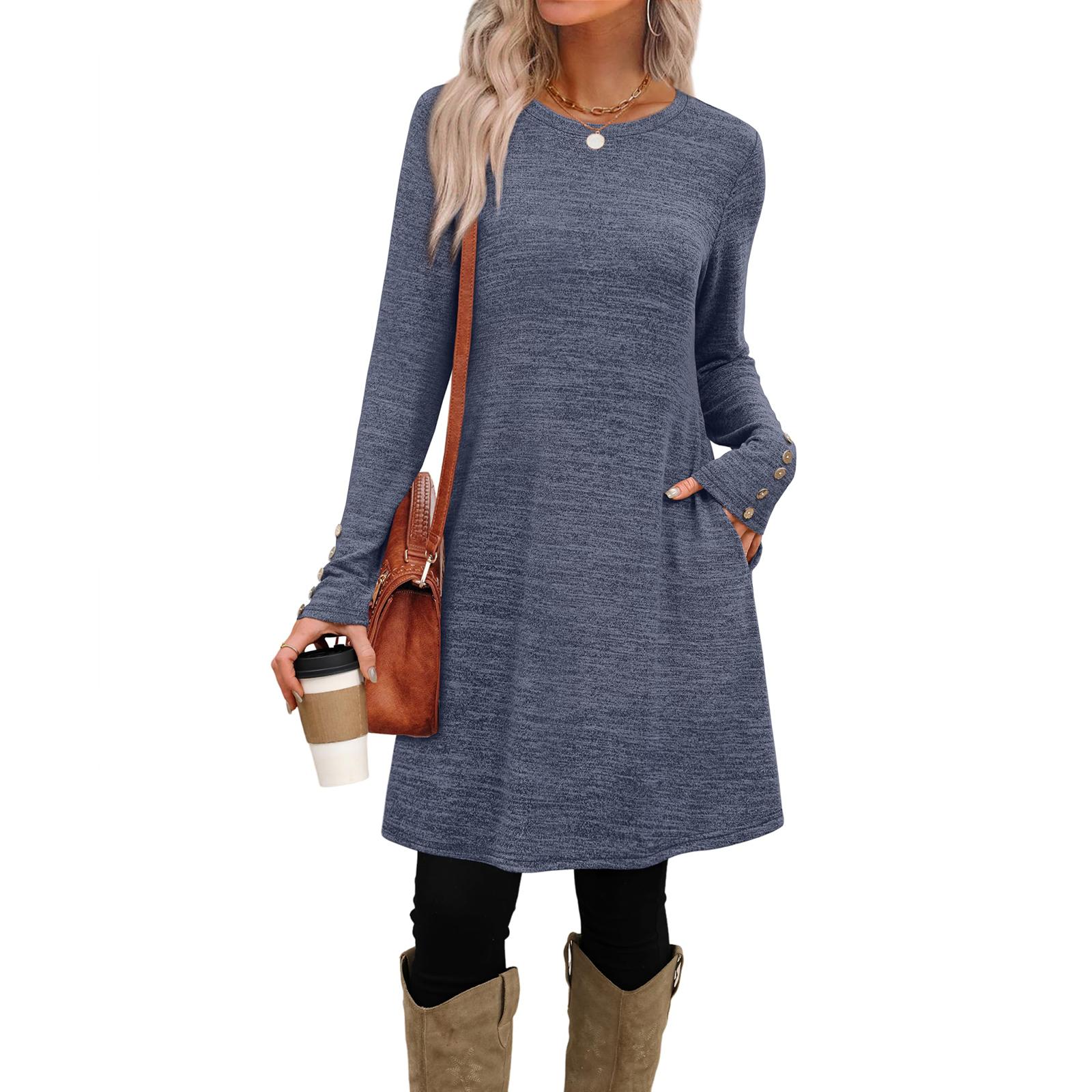 

Women s Fashion Casual Dress With Pockets, Decorative Buttons, Round Neck, Long Sleeves, Solid Color S синій