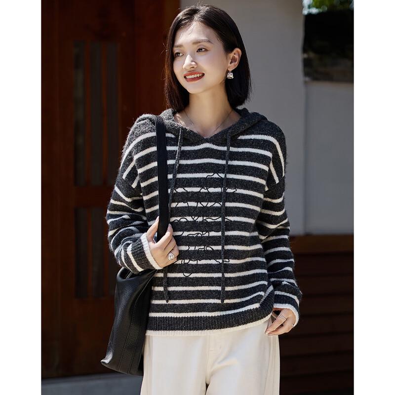 Demana Women's Striped Hooded Wool Blend Knit Sweater