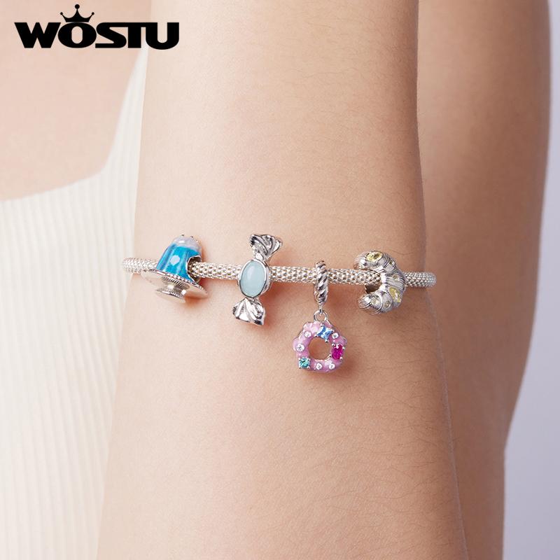 WOSTU Dessert Series 925 Sterling Silver Donut Pendant Croissant Charm Pudding Sweet Candy Bead For Bracelet Girl Jewelry Making
