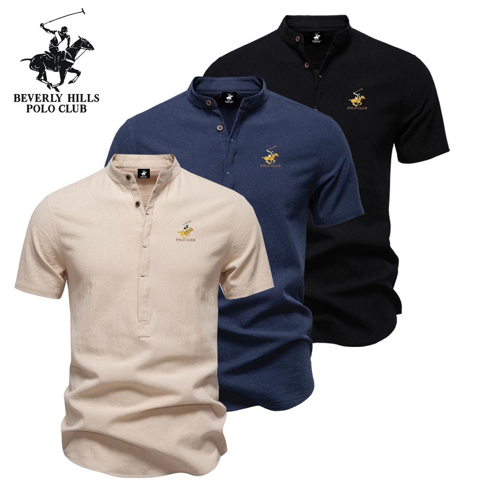 

POLO CLUB 2025 Summer New Pony Embroidered Business Casual Shirt Men s Short Sleeved Cotton Linen Shirt Stand Collar Cotton Shirt S чорний