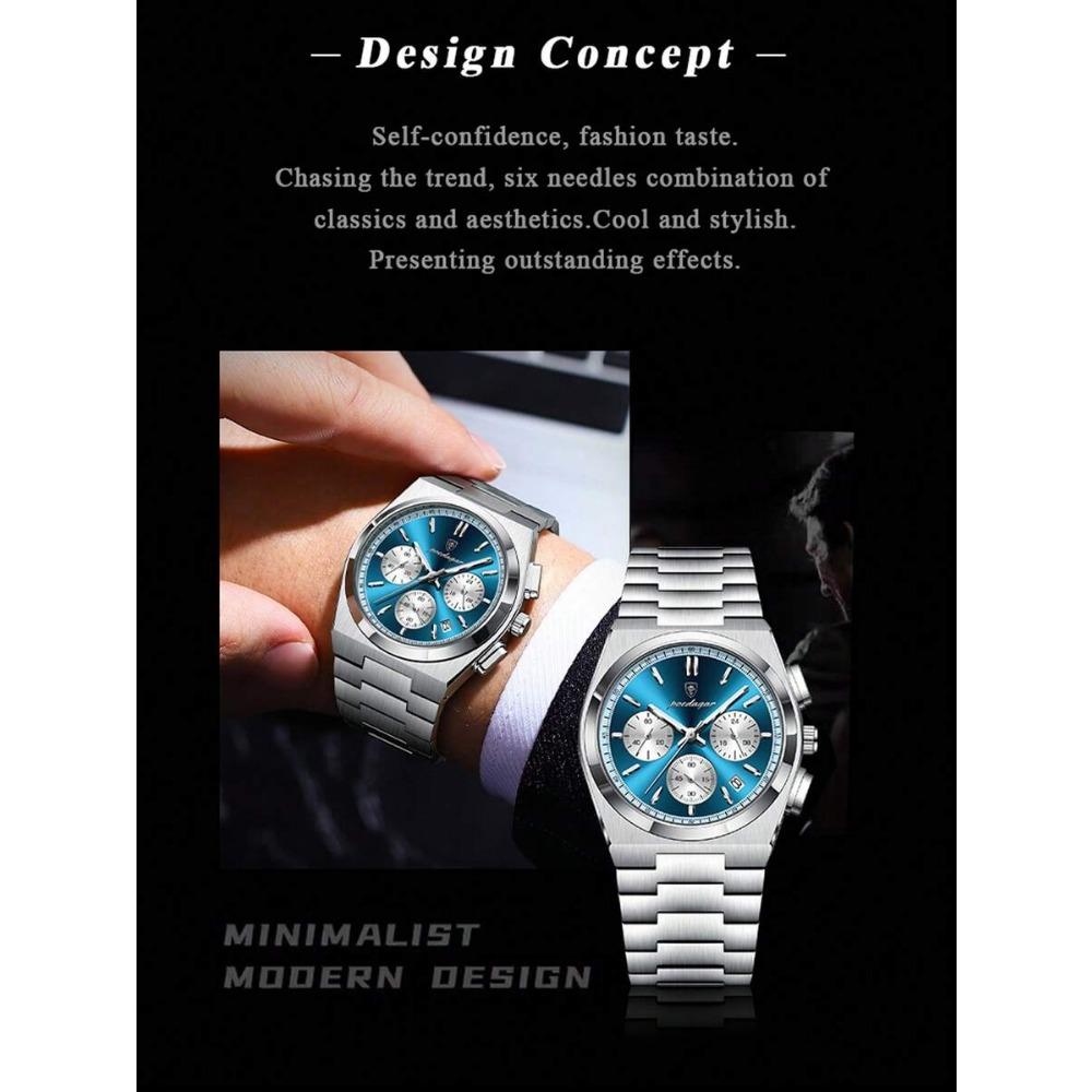 POEDAGAR 1pc Premium Men's Stainless Steel Quartz Calendar Chronograph Wristwatch, Business Waterproof Luminous Watch, Men's Gift