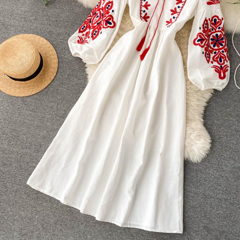 Fashion Retro Floral Print Midi Dress Women Elegant National Style Loose Vintage Party One Piece Dress Female Design