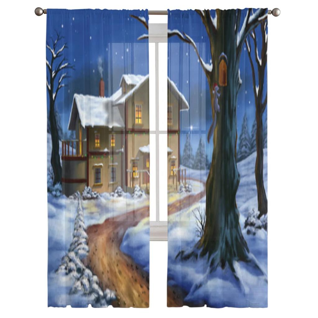 Wundervoller Weihnachtslandschafts-Tüll-Fenstervorhang für Wohnzimmer, Schlafzimmer, Voile, transparente Vorhänge, Küchenbehandlungen, Vorhänge