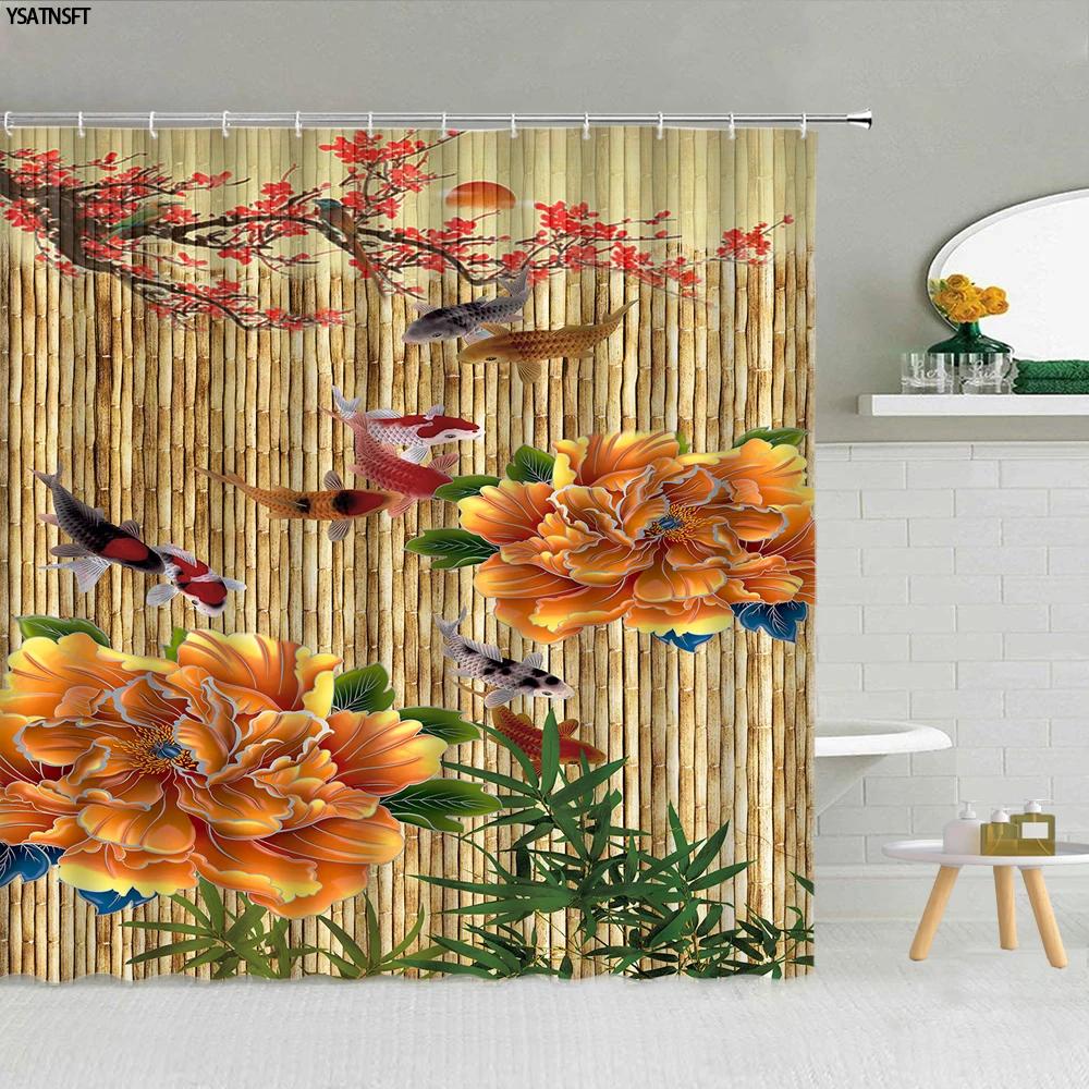 Yellow Green Bamboo Lotus Shower Curtain Bathroom Curtains Plant Flower Natural Scenery Fabric Background Wall Decor Screen Hook