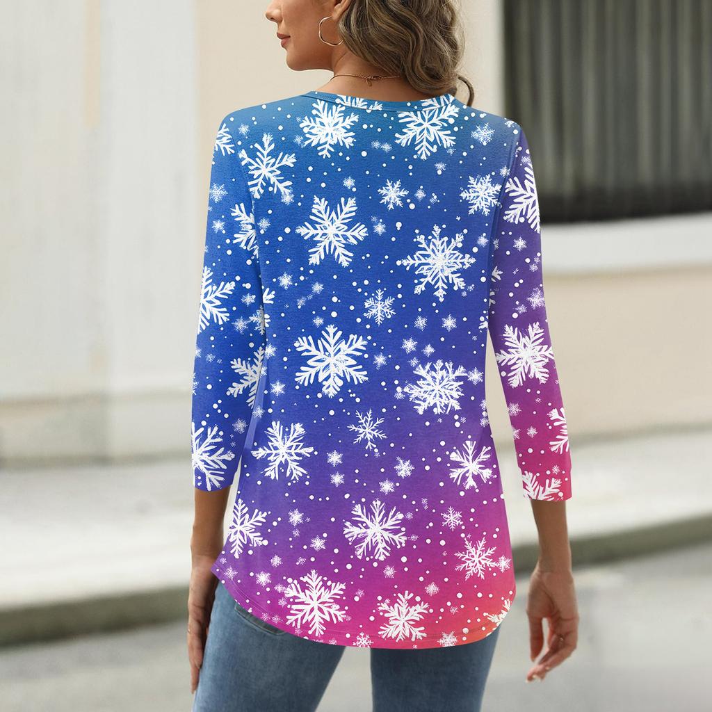 Women's T Shirt Christmas Print Button 3/4 Sleeve Daily Weekend Fashion Basic V- Neck Regular Top