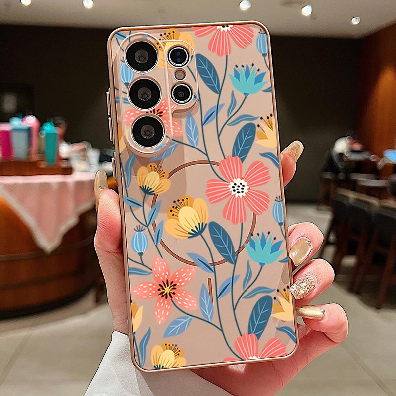 Cartoon Flowers Pattern Case For Samsung Galaxy S26 Ultra S25 Edge S24 Plus S23 FE S22 A54 A55 A56 5G Magnetic For Magsafe Matte Cover