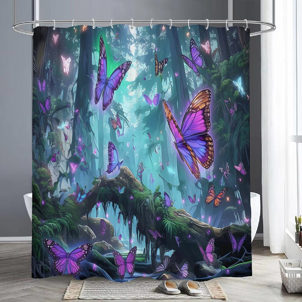 Fairy Tale Forest Beautiful Purple Butterfly Shower Curtain Bathroom Decor Shower Curtain Waterproof Shower Curtain With Hook