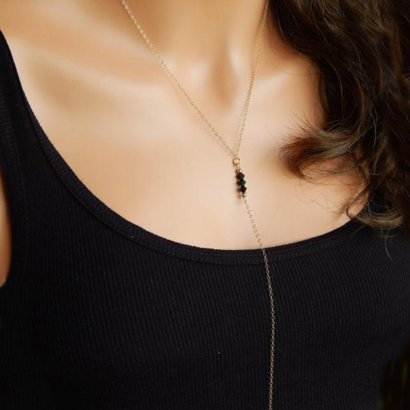 Sweater Chain Women's Fashion Simple Black Beaded Handmade, Black Crystal Long Fringed Necklace