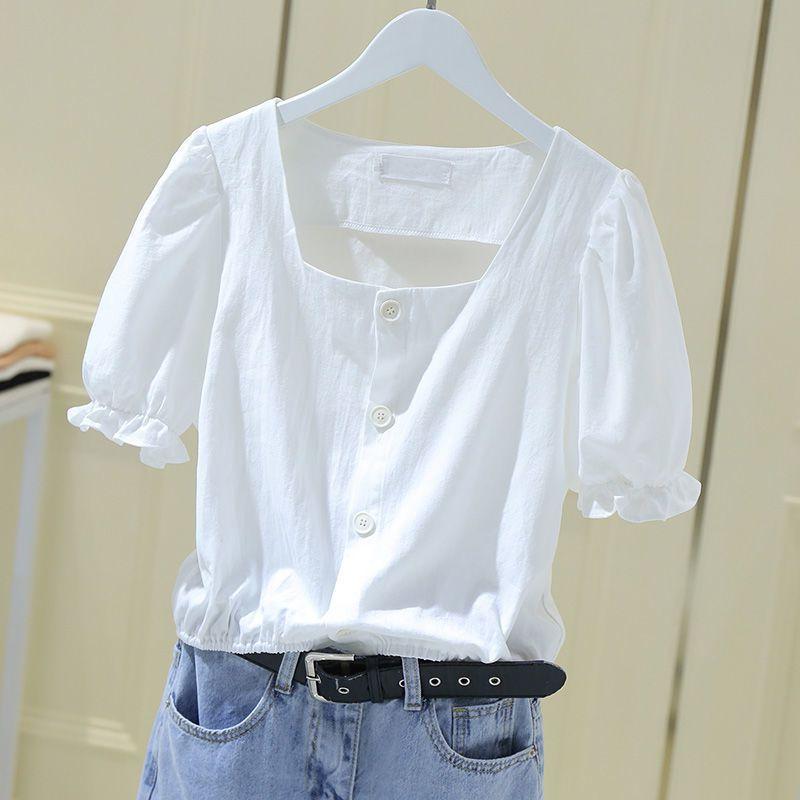 WTEMPO Brand Summer Square Neck French Women's Short Sleeve Shirt Short Loose Bubble Sleeve Waist Waist Exposed Collar Slim Top