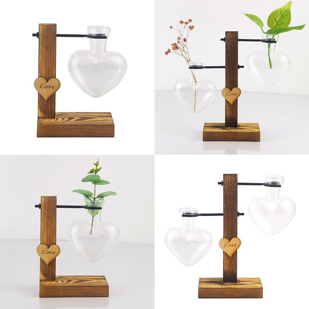 Heart Shape Hydroponic Flower Vase Wooden Stand Transparent Glass Vase Wood Frame Vase Home