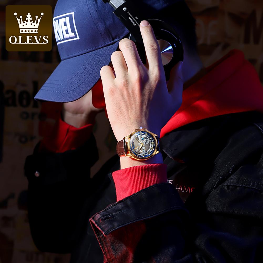 OLEVS 6661 Man Watch Fully Hollow Leather Strap Waterproof Luminous Men's Automatic Mechanical Wristwatches Luxury Business