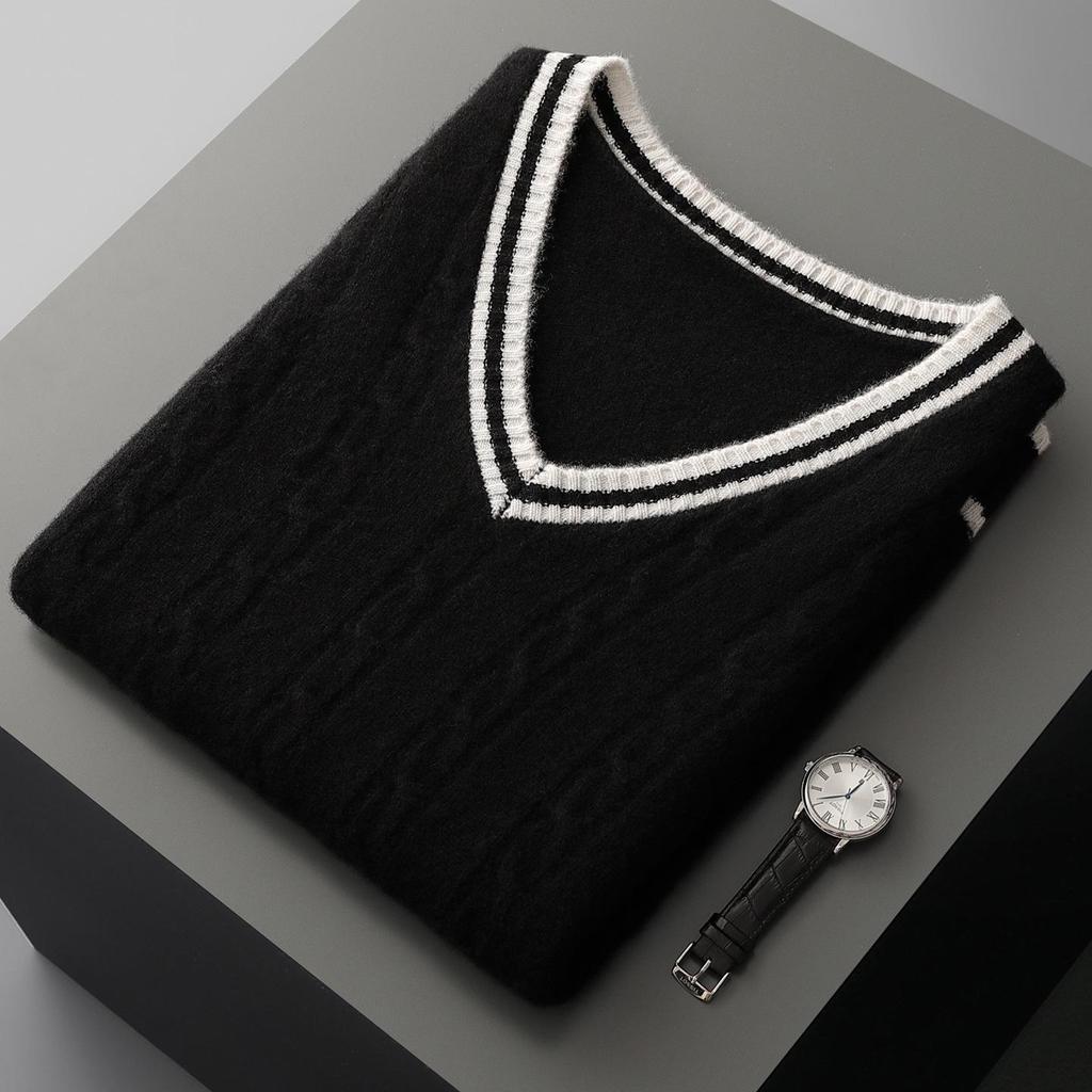 Men's College-Style 100% Wool Knitted Vest, Autumn/Winter Cable Knit, Contrasting Colors, Thickened Sleeveless Design