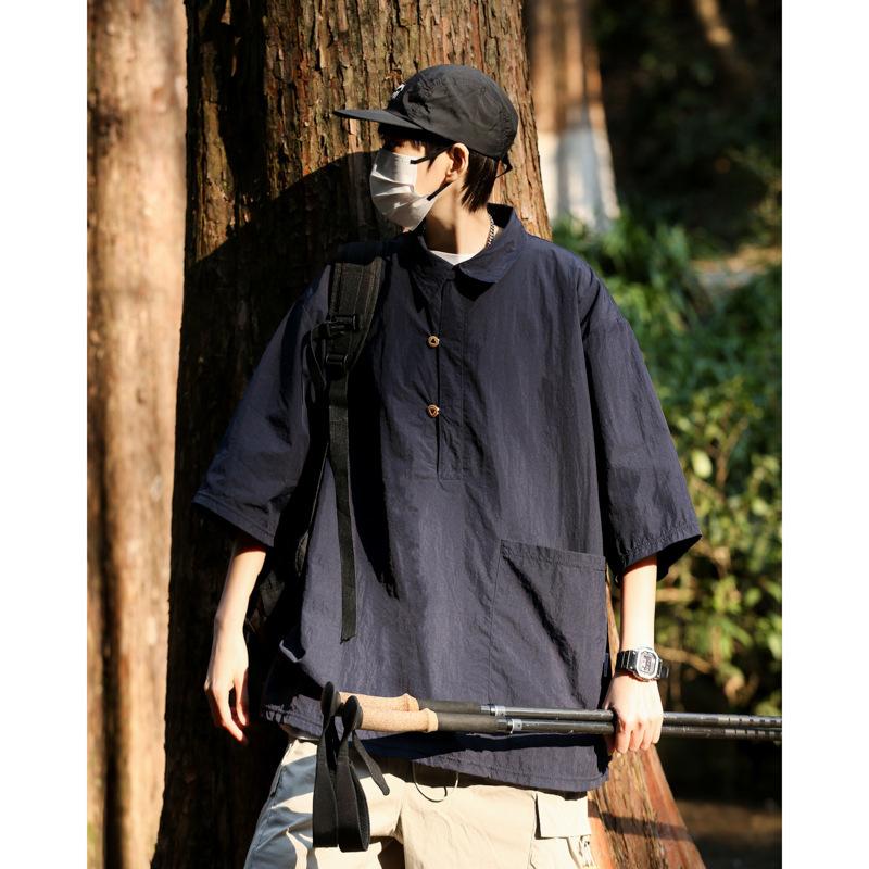 Men Outdoor Cargo Half Sleeve Shirt Loose Breathable Utility Hiking Camping Summer Top