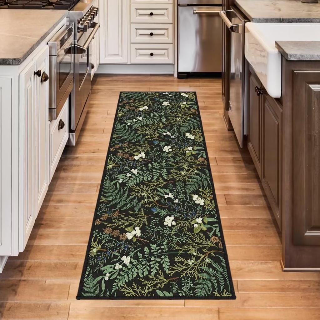 Black Green Runner Rug for Hallway 2x6,Botanical Print Runner Rug for Entryway,Plant Leaf Printed Area Rugs Non-Slip Throw Floor Carpet for Bedroom