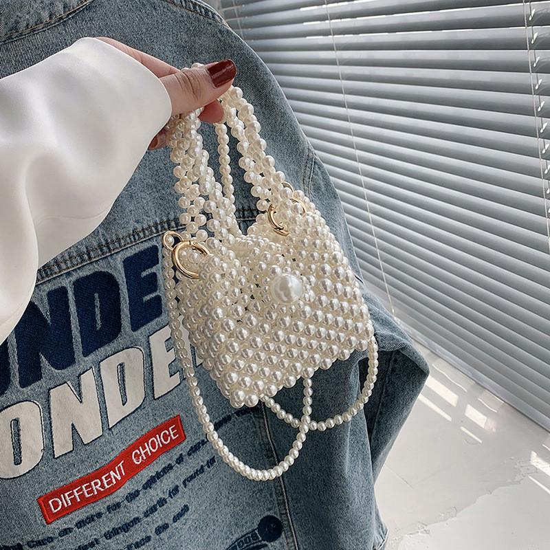 Water Pvc Compact Bucket Bag With Pearl Chain And Lock Closure For Wear Casual