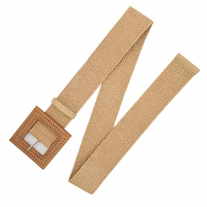 Cotton And Linen Wind Pp Grass Woven Belt Women'S Round Square Buckle Dress Long Shirt Decorative Belt