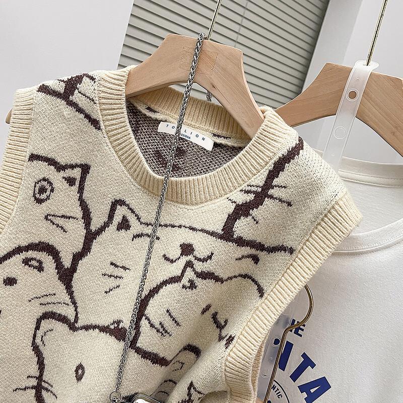 TonLion Women's Fun Cartoon Wave Pattern Round Neck Pullover Vest