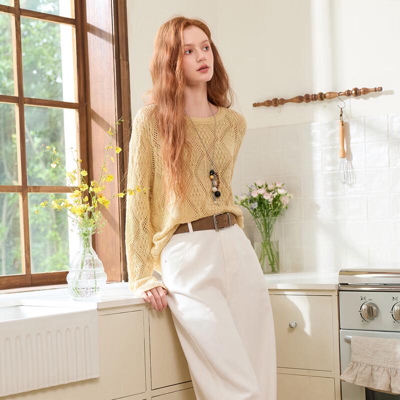 Sancai Women's Round Neck Long Sleeve Hollow Knit Sweater