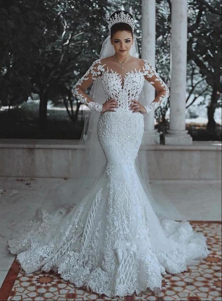 European and American wedding dresses spring and autumn new sexy deep V-neck fishtail lace wedding dress