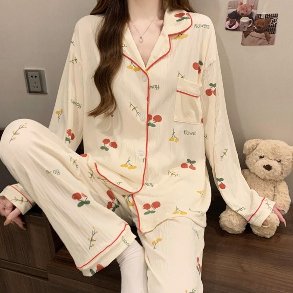Bear Long Pajama Set Bow Lady Nightwear Suit Comfortable Women's Loungewear Female