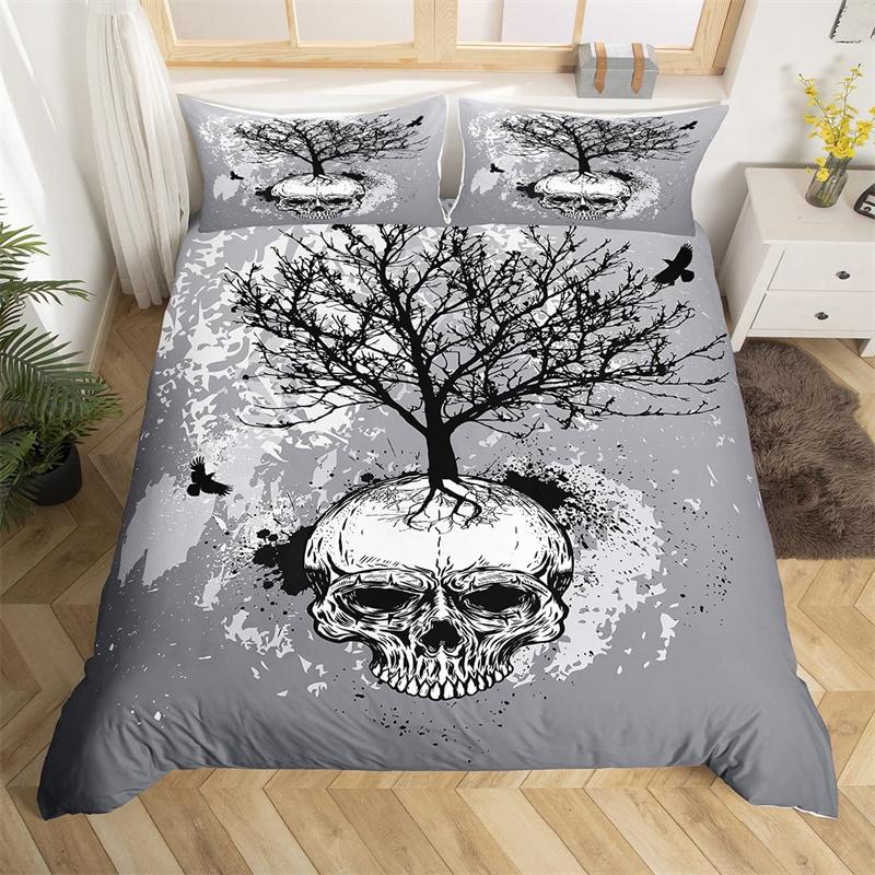 Skull Duvet Cover Set Queen Black Skeleton Paisley Floral Pattern Bedding Set For Teen Adult Polyester Halloween Comforter Cover
