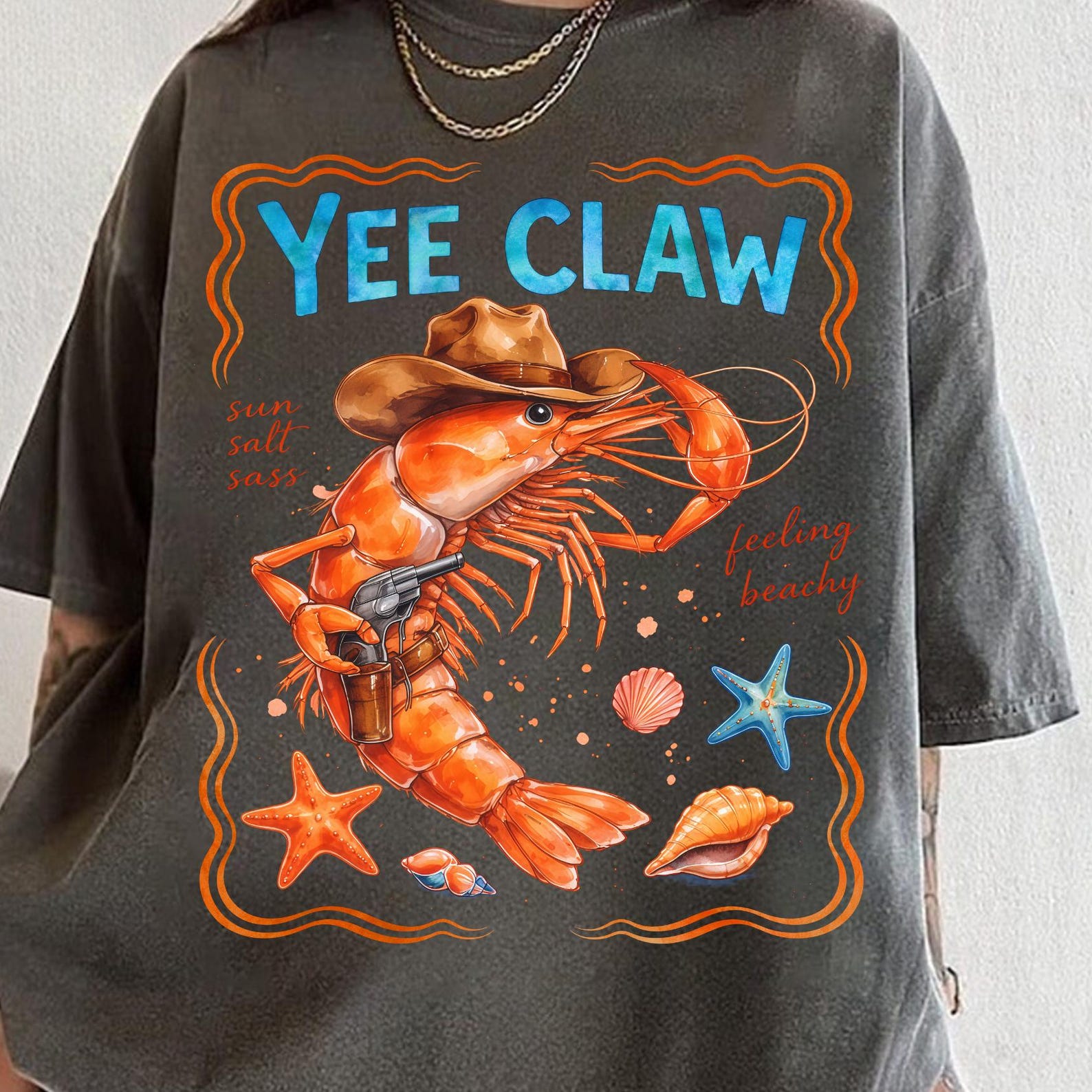 Yee Claw Lobster Shirt, Coastal Cowboy Beach Tee, Funny Lobster Cowboy Shirt, Coastal Cowgirl Summer Vacation Tee, Sun Salt Sass Shirt S