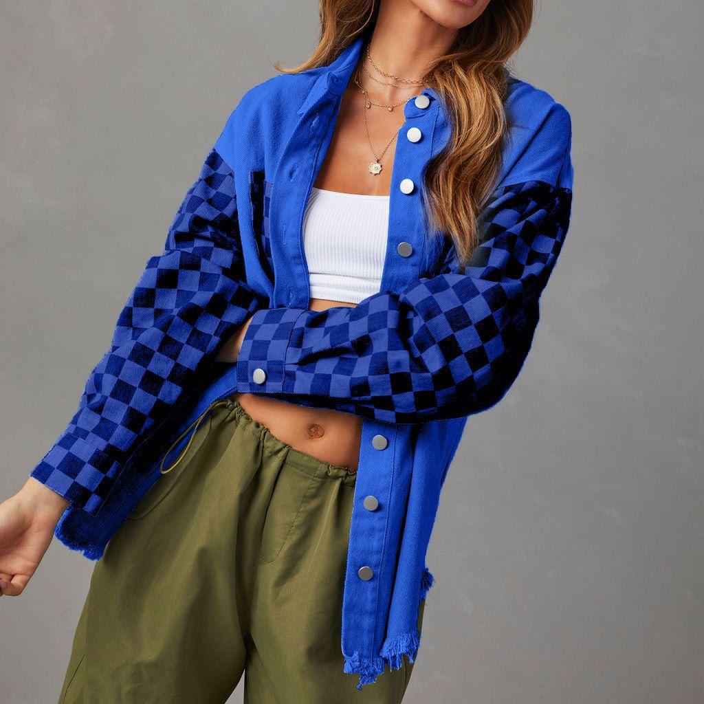 Veste en jean délavé à carreaux et blocs de couleurs décontractée ample pour femme