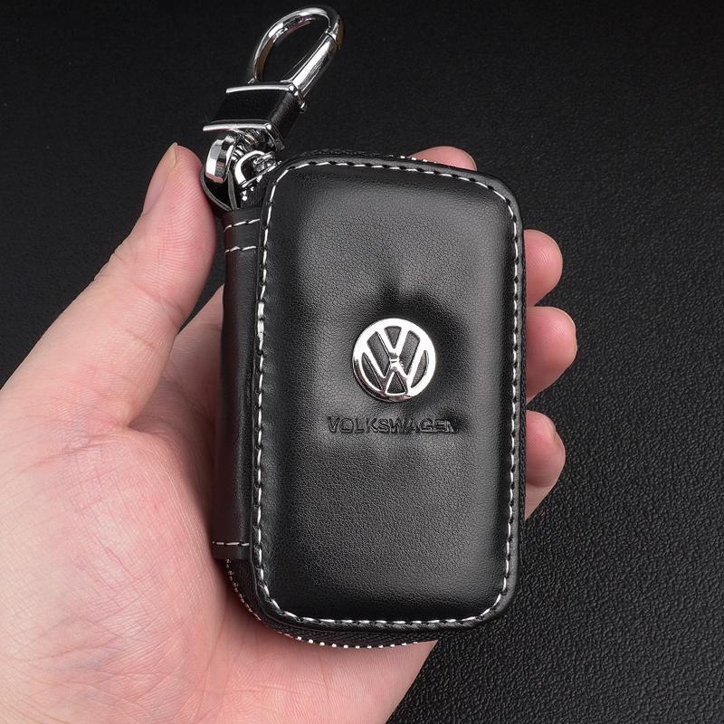 For VW Leather Car Remote Key Case Bag Keychain Storage Box For Volkswagen VW Polo Golf Touareg T6 T5 Passat B7 B5 Touran Beetle Tiguan xc4