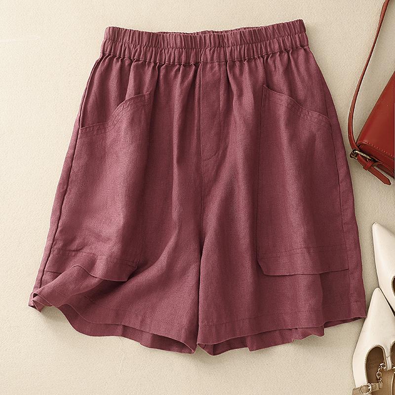Women's 2024 Retro Cotton-Linen Elastic Waist Shorts with Large Pockets, Wide-Leg, Slimming, Straight-Leg, Versatile Design