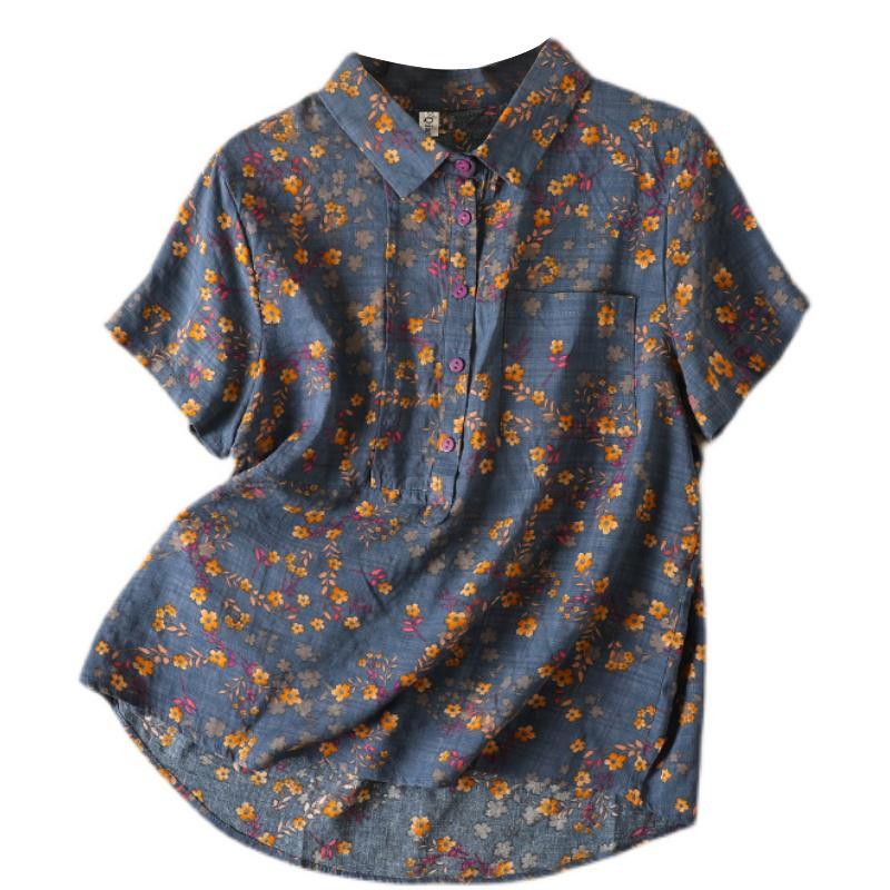 Vintage Floral Print Women's T Shirt Summer Fashion Short Sleeve Pocket Loose Casual Blouse Female Bohemian Soft Thin Daily
