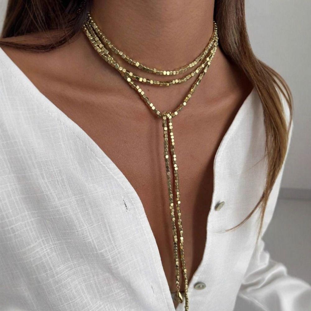 Hip-hop Long Square Bead Necklace Geometric Elegant Minimalist Necklace Vintage Alloy Sweater Chain Women