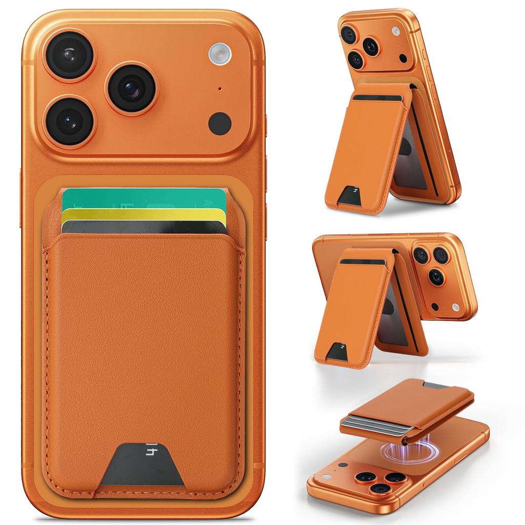 MagneticCard Holder Stand Leather Phone Back Wallet with Rotating Hinge Detachable Kickstand for iPhone Stick-on Desktop Stand for Credit Cards