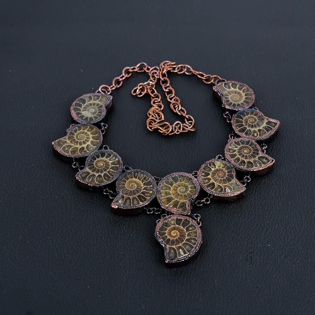 Ammonite Fossil Copper Electroformed Necklace with Adjustable Chain, Handmade Gemstone Jewelry Necklace For Memorial Day