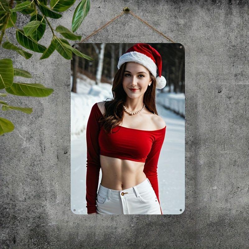 Noel Pin-Up Kızları Metal Tabela, Ofis Hediyesi Duvar Dekoru 20x30cm