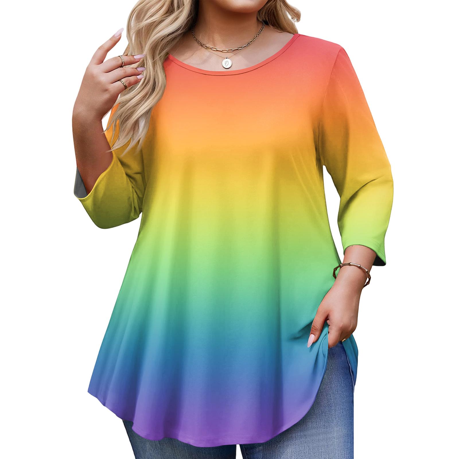 

Ladies Gradient Printed Plus Size 3/4 Sleeve Curved Hem Round Neck Fashionable Top XXXXXL фіолетовий