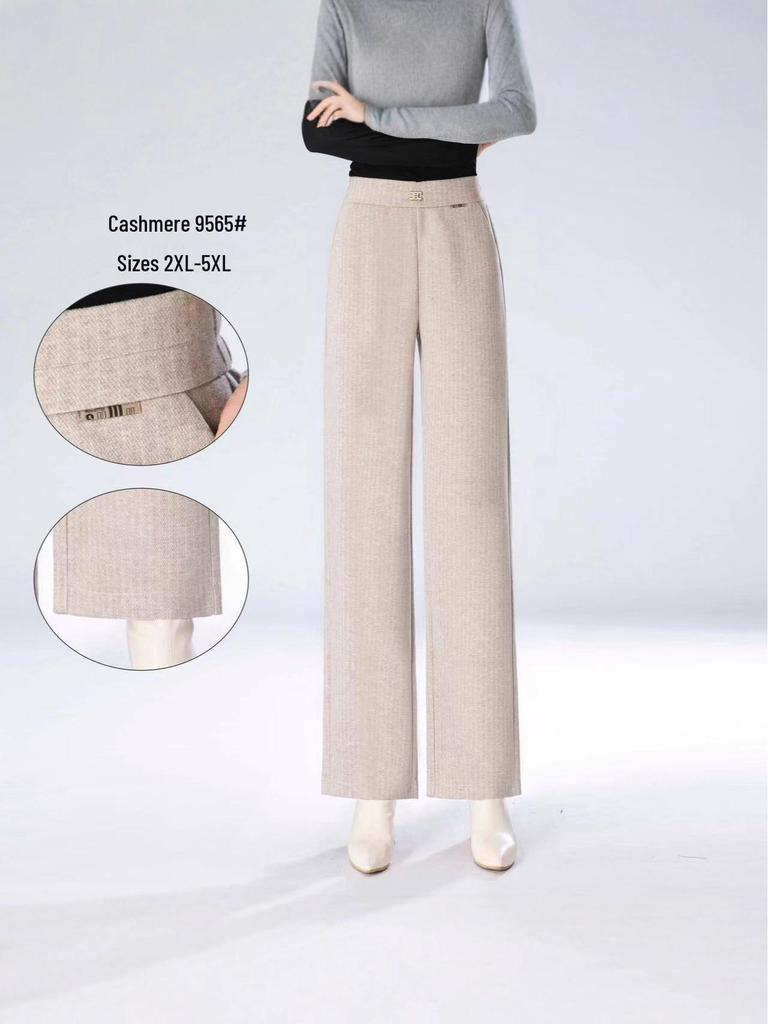 Autumn 2025 Women's Cashmere Wide-Leg Pants, Slimming Elastic Waist, Fashionable Straight-Leg Commuter Style