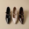 Französische spitze Zehen flacher Mund einzelne Schuhe Damen 2025 neu Frühling und Herbst Metall Ein-Wort-Riemen kleine Lederschuhe dicker Absatz Pendler hig