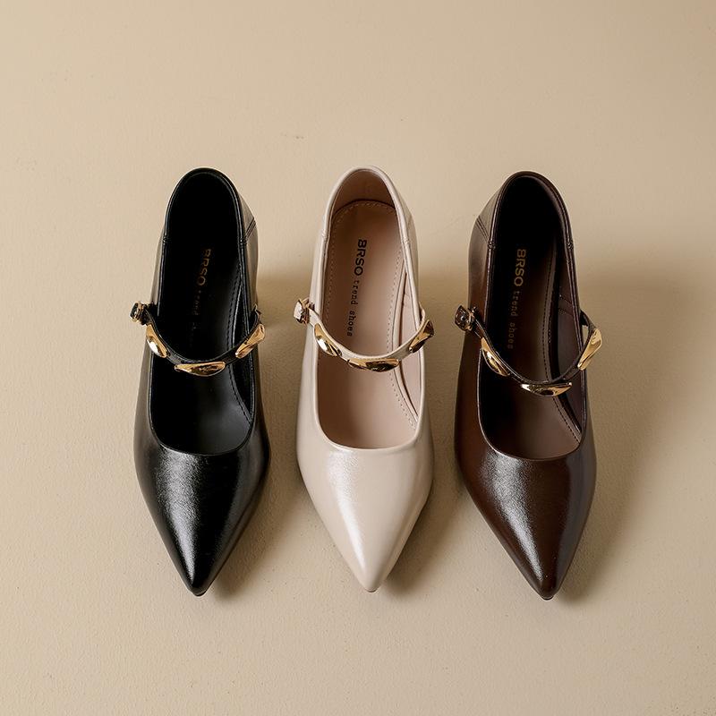 Französische spitze Zehen flacher Mund einzelne Schuhe Damen 2025 neu Frühling und Herbst Metall Ein-Wort-Riemen kleine Lederschuhe dicker Absatz Pendler hig
