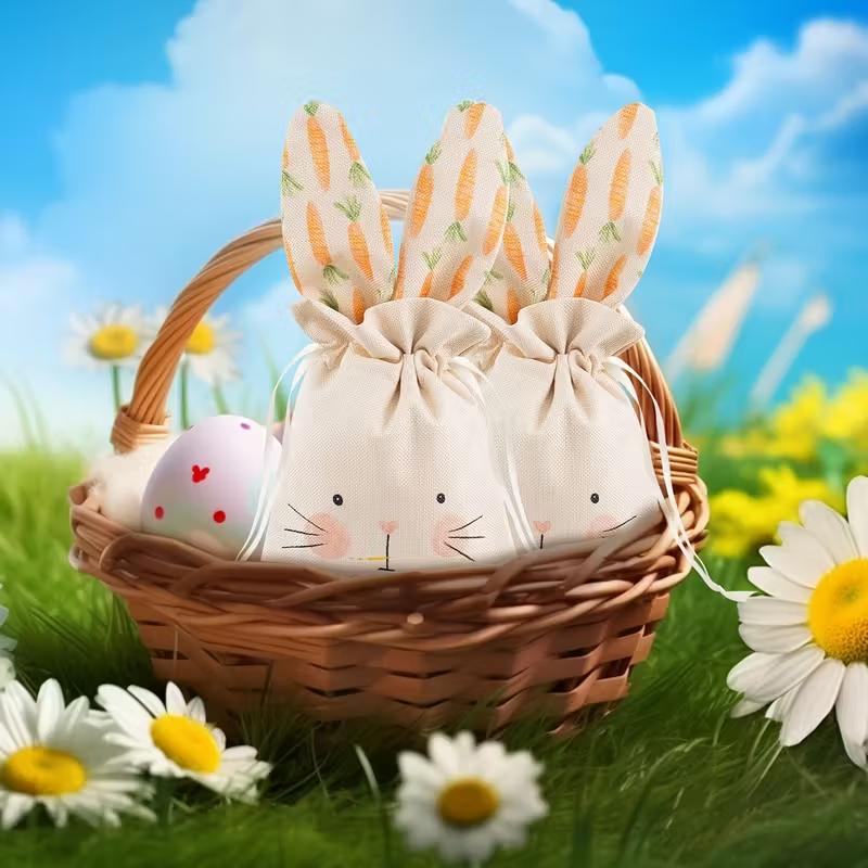6/1Pcs Easter Bunny Linen Gift Bags Rabbit Carrot Sweet Candy Snack Bags with Drawstring for Easter Party Decoration Kids Favors