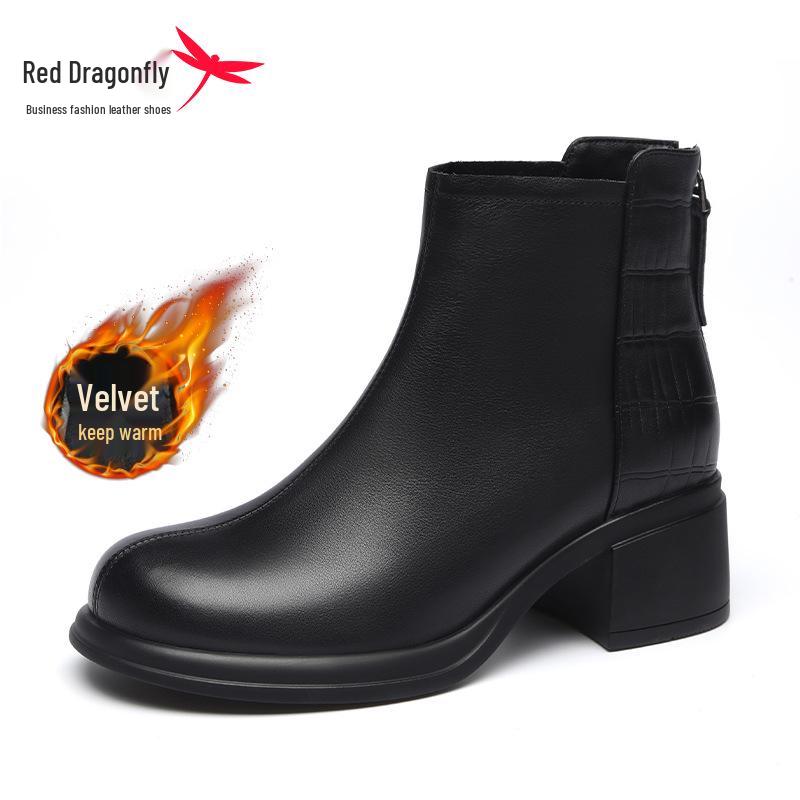 Red Dragonfly Women s Thick Sole Mid-Calf Boots – Genuine Leather, Low Heel, Plus Velvet for Winter. 37 чёрный