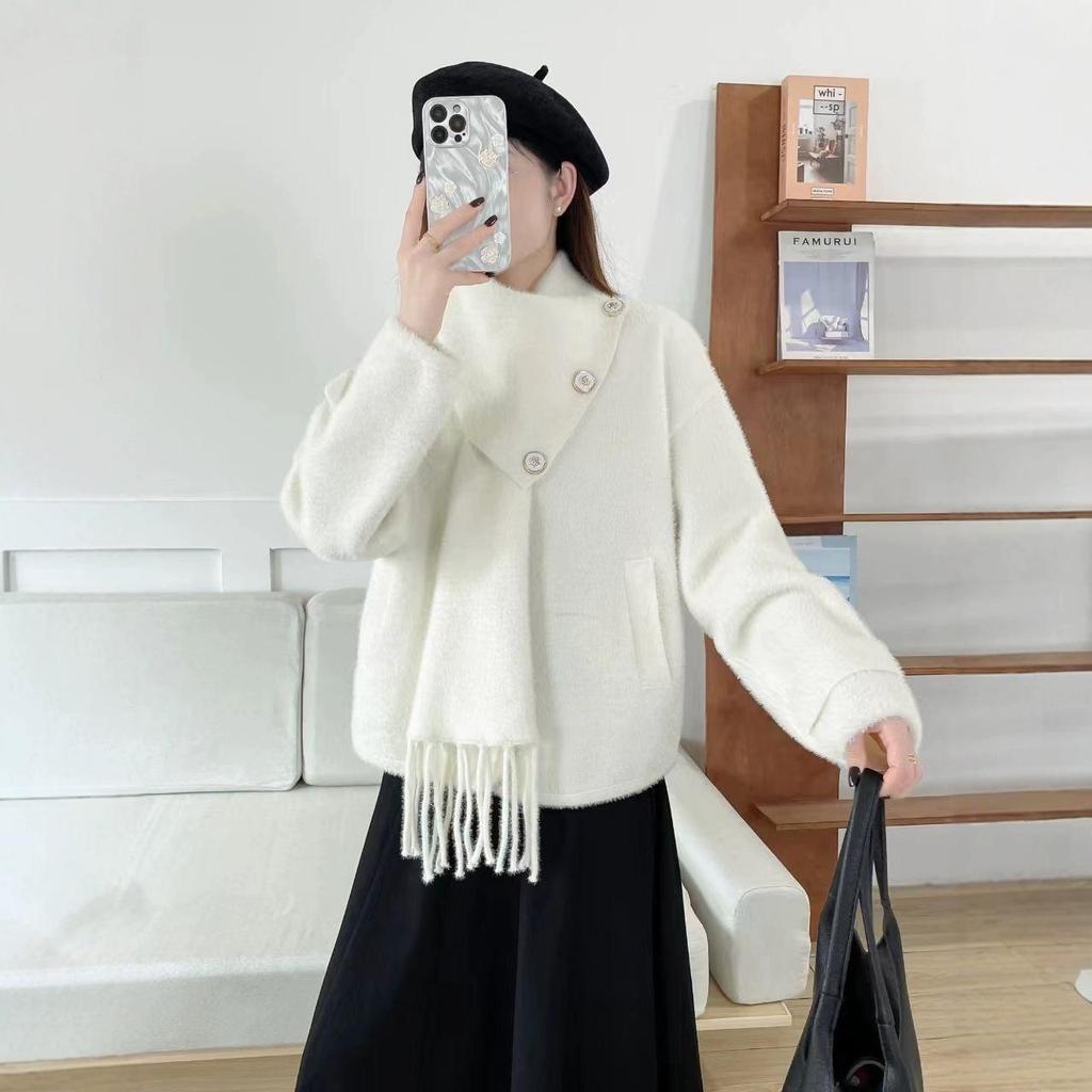 Französischer Rosa Schal Dopamin Pullover Mantel: Damen Winter Locker Gestrickte Strickjacke