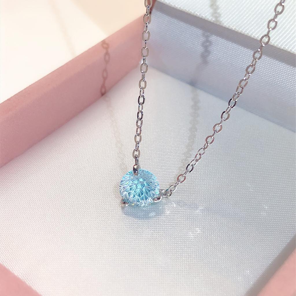 Simple High-End Atmosphere Claw Set Fireworks Cut Sea Blue Zirconium Necklace Fashion Light Luxury Diamond Collarbone Chain Women
