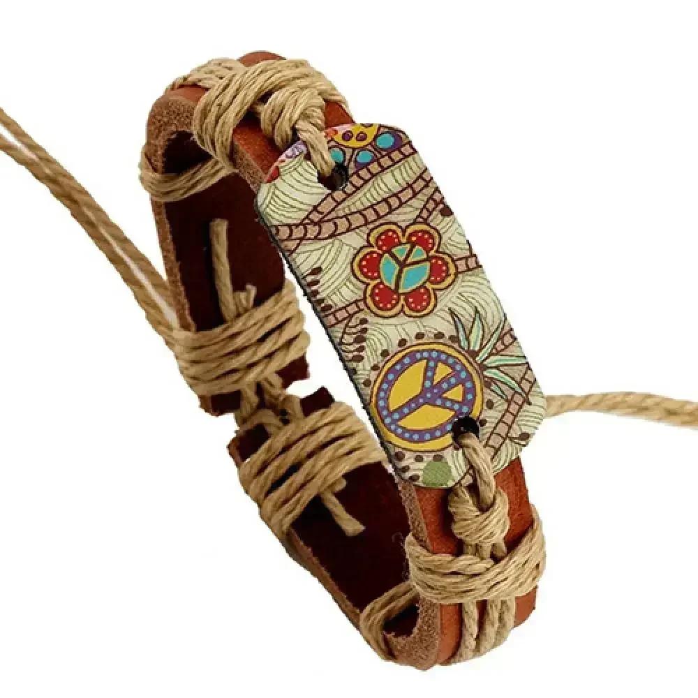 Men Vintage Punk Style Pyrograph Peace Sign Infinity Bangle Bracelet Leather Bracelets Stainless Steel Multilayer Braided Rope