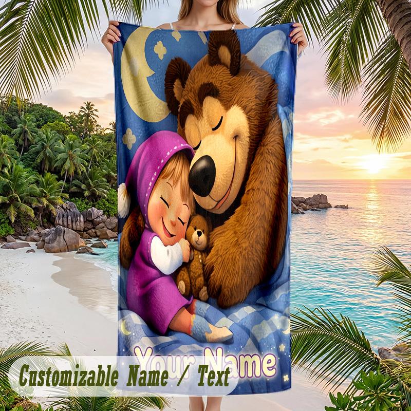 Masha and the Bear Beach Towel, Personalized Custom Text, Quick Dry Soft Large Towel For Swimming Pool Travel