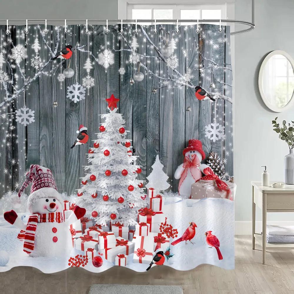 Zima Vánoce Sprchový závěs Legrační sněhulák Xmas Trees Krbové auto Lesní Snowy Scéna Nový rok Holiday Home Dekorace koupelny