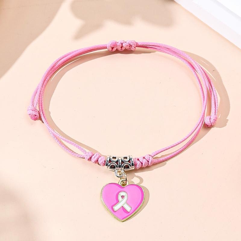 Braccialetto Regolabile in Lega di Zinco Simbolico con Nastro Rosa Viola e Ciondolo a Forma di Cuore per il Supporto al Cancro al Seno