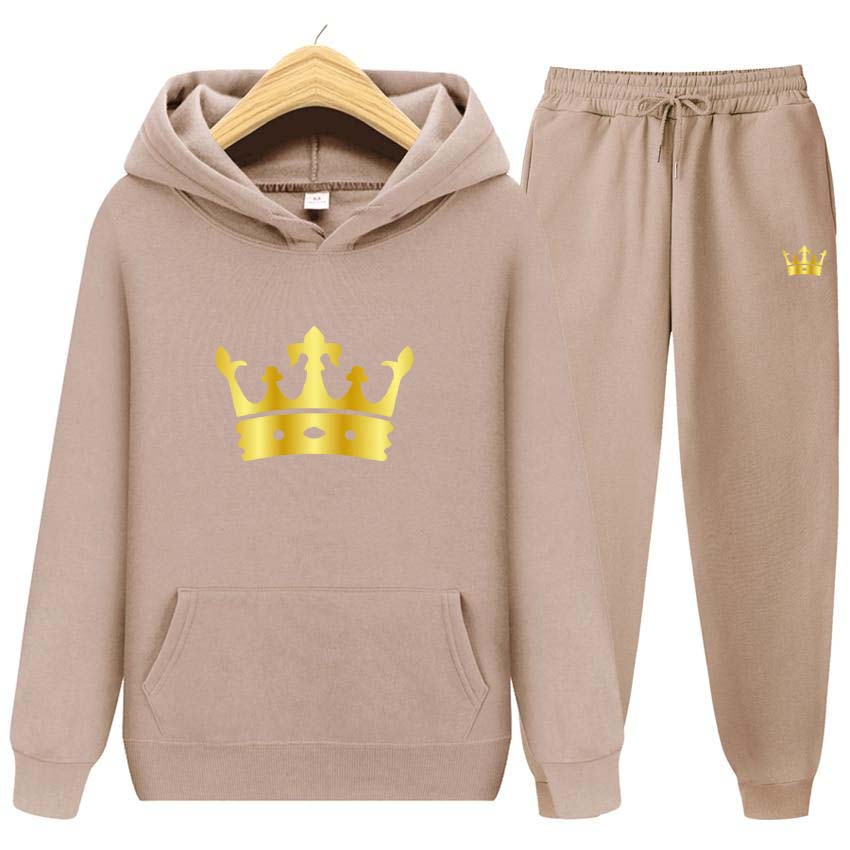 Men Tracksuits Set Spring Autumn Crown Print Sweatshirt Long Sleeve Hooded Pullover Sweatshirt Top Jacket Coat