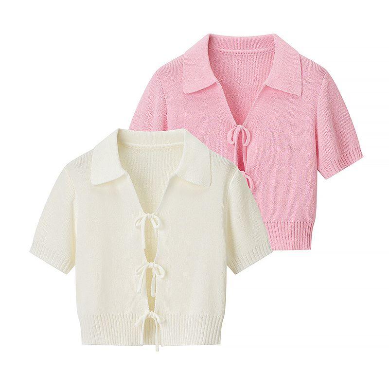 Kaslead New Women clothes Western Style Fashion Simple and Versatile Short sleeve Lace up Knit cardigan