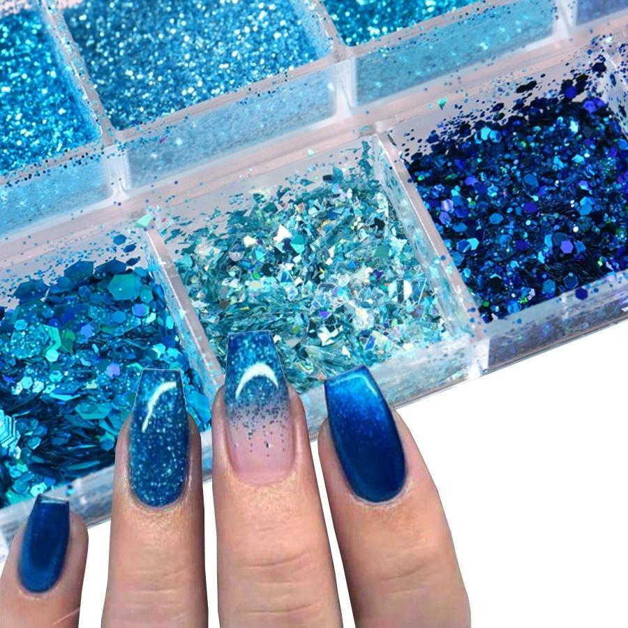 12-Compartment Mixed Nail Glitter Powder, Holographic Hexagon Flakes, Sparkly Sequins for Nail Art Designs